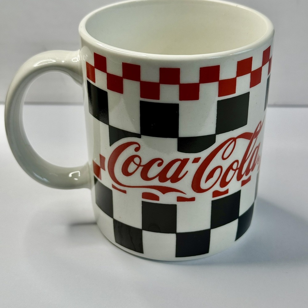 Coca Cola Checkered Ceramic Coffee Mug Cup Gibson Soda Vtg‎ COKE Logo 1995